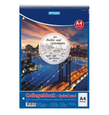 Collegeblock 43875A Spiral pad, Stadt, Lineatur 27 / liniert mit Rand innen/außen, A4, 60g, blau, 80 Blatt