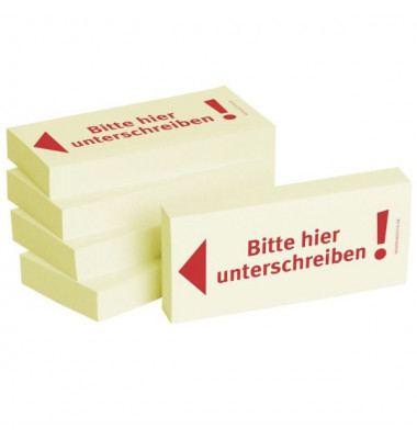 Haftnotizen bedruckt 1301010143, Business Haftnotizen 1301010143, 75x35mm (HxB), gelb, "Bitte hier unterschreiben" Pfeil nach li