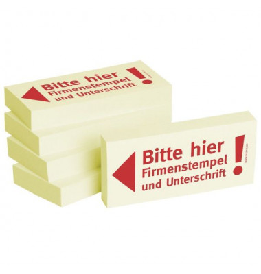 Haftnotizen bedruckt 1301010125, Business Haftnotizen 1301010125, 75x35mm (HxB), gelb, "Bitte hier Firmenstempel und Unterschrif