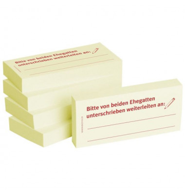 Haftnotizen bedruckt 1301010104, Business Haftnotizen 1301010104, 75x35mm (HxB), gelb, "Bitte von beiden Ehegatten unterschriebe