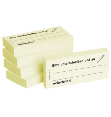 Haftnotizen bedruckt 1301010111, Business Haftnotizen 1301010111, 75x35mm (HxB), gelb, "Bitte unterschreiben und an... weiterlei