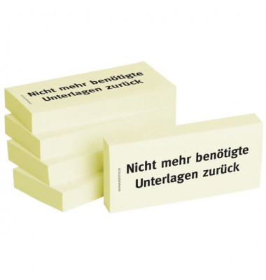 Haftnotizen bedruckt 1301010108, Business Haftnotizen 1301010108, 75x35mm (HxB), gelb, "Nicht mehr benötigte Unterlagen zurück",