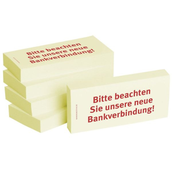 4260184863402 - Haftnotizen bedruckt 1301010140 Business gelb rechteckig Bitte beachten Sie unsere neue Bankverbindung 75x35mm 4260184863 500 Blatt