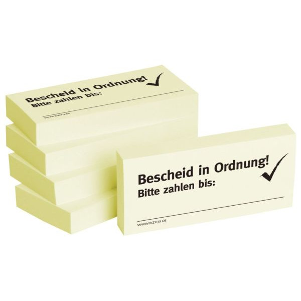 4260184863235 - Haftnotizen bedruckt 1301010123 Business Haftnotizen 1301010123 gelb rechteckig Bescheid in Ordnung 75x35mm 4260184863235 500 Blatt