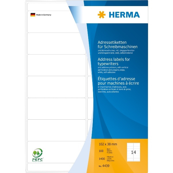 4008705044394 - HERMA Adress-Etiketten 102x38mm auf A4-Blättern Ecken rund VE=1400 Stü