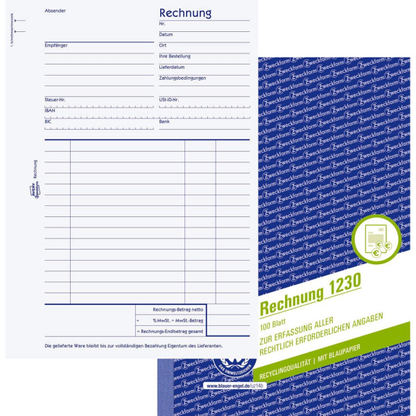 4004182012307 - AVERY Zweckform Kassenformulare Rechnung Rechnung A5 Rc KP 1230 DIN A5 1x 100 Seiten