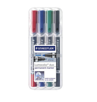 Permanentmarker-Set Lumocolor duo, 348 WP4, Pack, 4-farbig sortiert, 0,6mm+1,5mm Rundspitze