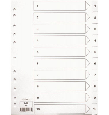 Kunststoffregister KF00177, 1 bis 10, A4, 120µm, weiße Taben, 10-teilig