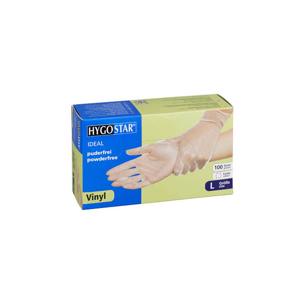 4015544268102 - Hygostar® Einweghandschuhe Vinyl IDEAL puderfrei transparent Latexfreie Einmalhandschuhe ideal für Allergiker unsteril 1 Packung = 100 Stück Größe L