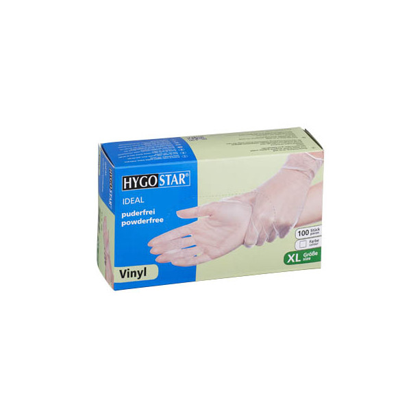 4015544268003 - Hygostar® Einweghandschuhe Vinyl IDEAL puderfrei transparent Latexfreie Einmalhandschuhe ideal für Allergiker unsteril 1 Packung = 100 Stück Größe XL