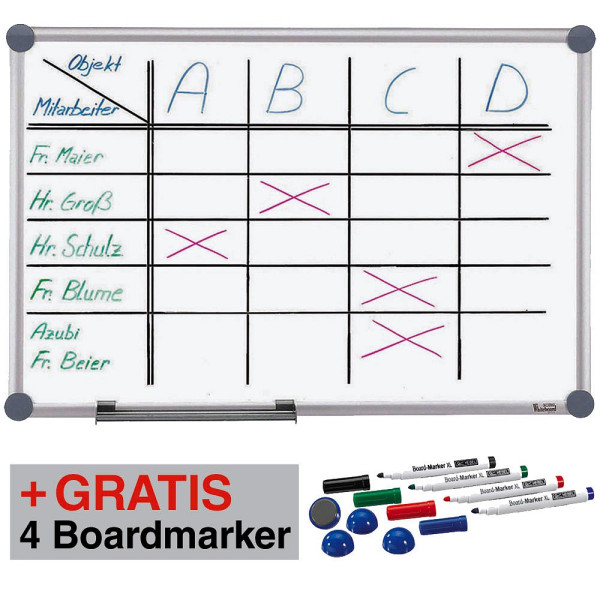 4002390037549 - AKTION MAUL Whiteboard 2000 MAULpro 1500 x 1000 cm weiß spezialbeschichteter Stahl + GRATIS 4 Boardmarker farbsortiert und 4 Kugelmagnete blau