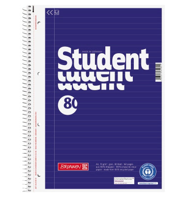 Collegeblock 10-6783101 Student Recycling, Lineatur 21 / liniert mit Rand innen, A4, 70g, blau, 80 Blatt