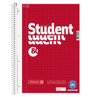 Collegeblock 10-6783201 Student Recycling, Lineatur 22 / kariert mit Rand innen, A4, 70g, rot, 80 Blatt