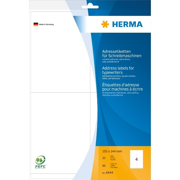 4008705044448 - HERMA Adressetiketten für Schreibmaschinen A4 105x144 mm Papier matt Ecken spitz 80 St - Weiß - Papier - Matte - Deutschland - 105 cm - 144 cm