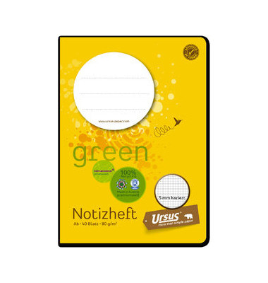 Schulheft 070640 20 Green, kariert / Lineatur 5, A6, 80g, gelb, 40 Blatt / 80 Seiten