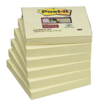 Haftnotizen 654-12SYP, Super Sticky Notes, 76x76mm, gelb, quadratisch