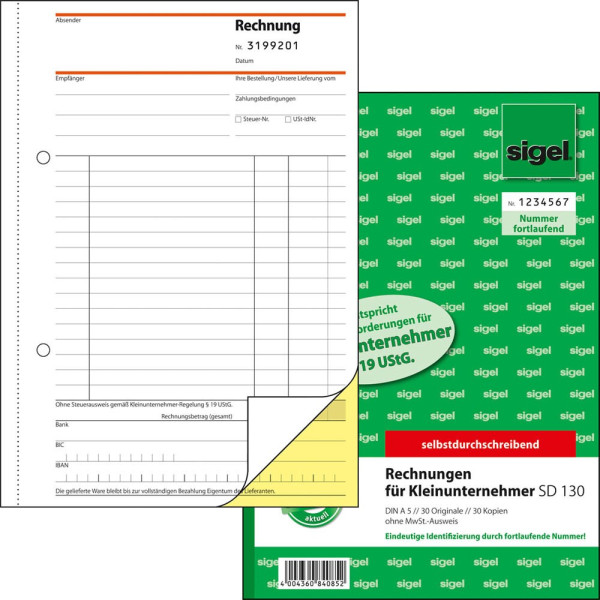 4004360840852 - SIGEL Kassenformulare Rechnung für Kleinunternehmer mit fortlaufenden Nummern (ohne MwSt-Ausweis) SD130 DIN A5 2x 30 Se