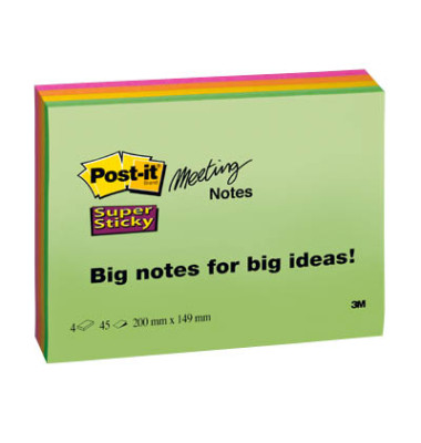 Haftnotizen 6845-SSP, Super Sticky Meeting Notes, 200x149mm, 4-farbig sortiert, rechteckig