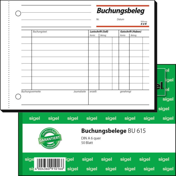 4004360910166 - SIGEL Kassenformulare Buchungsbeleg Buchungsbeleg A6quer BU615 DIN A6 quer 1x 50 Seiten