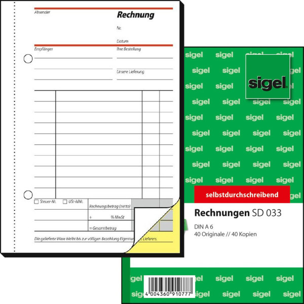 4004360910777 - Rechnung SD033 1 und 2 Blatt bedruckt selbstdurchschreibend A6 hoch 2x40 Blatt 4004360910777 Sigel