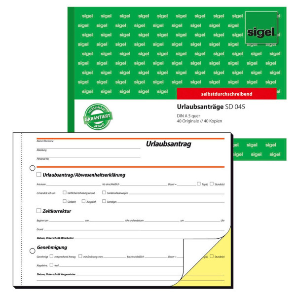 4004360921483 - Urlaubsantrag SD045 A5 quer 1 und 2 Bild bedruckt selbstdurchschreibend 4004360921483 Sigel