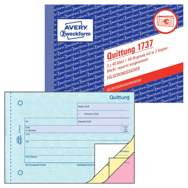 4004182017371 - AVERY Zweckform Quittungsformulare 1737 DIN A6 quer Perforiert N A 40 Blatt