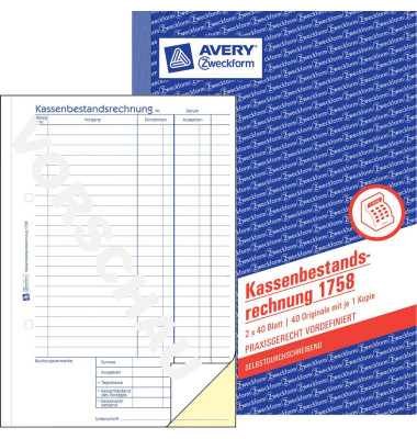 Kassenbericht Bestand 1758 A5 selbstdurchschreibend 2x40 Blatt