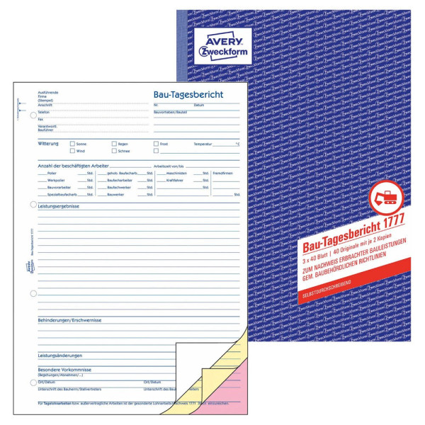 4004182017777 - Avery® Zweckform Bautagebuch 1777 Format A4 für DE & AT geprüft selbstdurchschreibend perforiert & gelocht mit Durchschlägen 3 x 40 Blatt