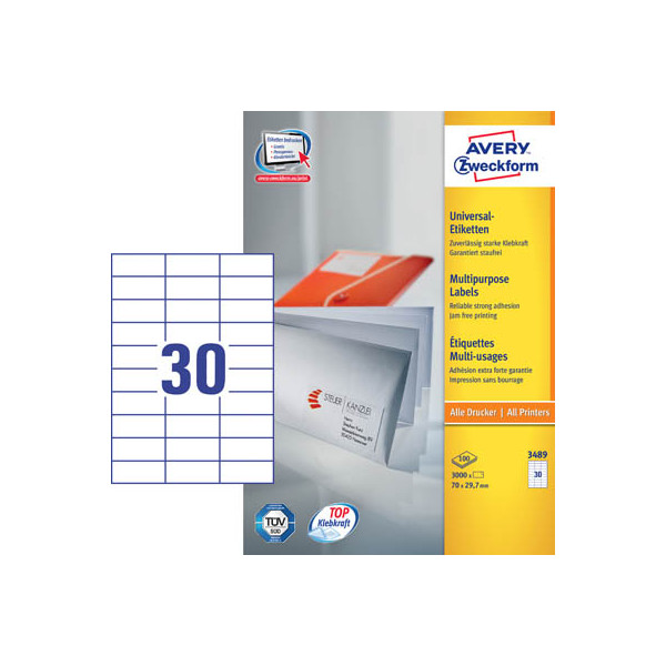 4004182034897 - Avery® Zweckform Etiketten 3489 A4 universell permanenthaftend ultragrip druckergeeignet FSC®-Papier rechteckig weiß 3000 Stück auf 100 Bogen