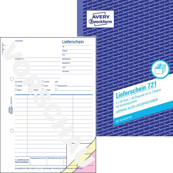 4004182007211 - AVERY Zweckform Lieferscheine Lieferschein mit Empfangsschein LieferschmEmpfangschein A5 721 DIN A5 3x 50 Seiten