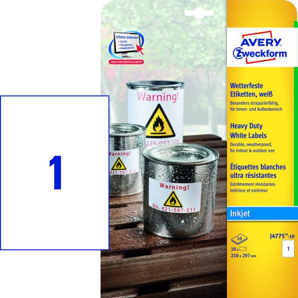 4004182247754 - Avery® Zweckform Etiketten J4775 wetterfest permanenthaftend druckergeeignet rechteckig Polyester matt weiß 10 Stück auf 10 Blatt