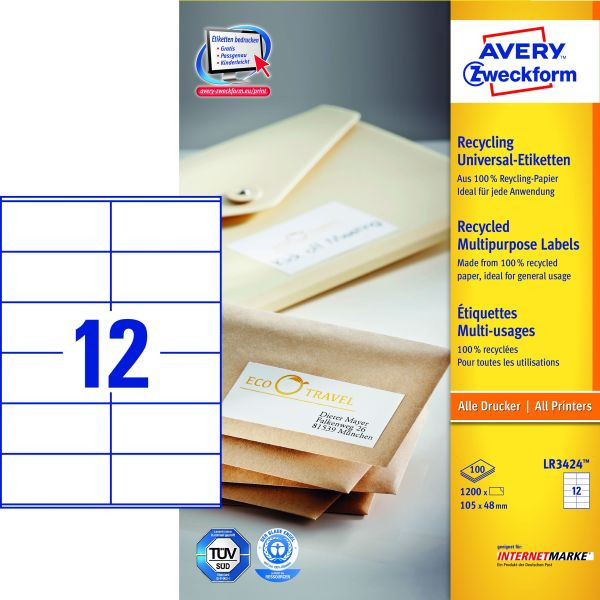 4004182035405 - Avery® Zweckform Etiketten LR3424 A4 universell permanenthaftend druckergeeignet Recycling-Papier rechteckig naturweiß 1200 Stück auf 100 Bogen