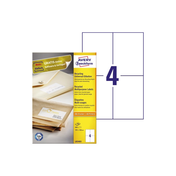 4004182035412 - Etiketten AVERY® Zweckform für Druckertyp Inkjet Laser rechteckig nachhaltig A4 Format Papier naturweiß 400 Etiketten B 148 x H 105 mm