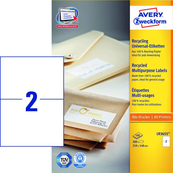 4004182035429 - Etiketten AVERY® Zweckform für Druckertyp Inkjet Laser rechteckig nachhaltig A4 Format Papier naturweiß 200 Etiketten B 1210 x H 148 mm