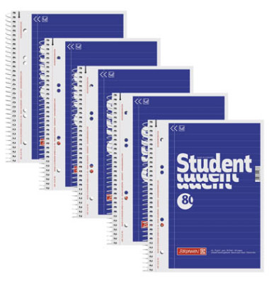 Collegeblock 10-67951 Student, Lineatur 21 / liniert mit Rand innen, A5, 70g, blau, 80 Blatt