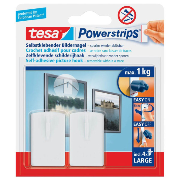 4042448105707 - tesa® Bilder-Nagel 2er Set - Klebenagel für Bilderrahmen 1 kg Haltekraft - mit tesa Powerstrips® LARGE ablösbar und wiederverwendbar - 2 Stück