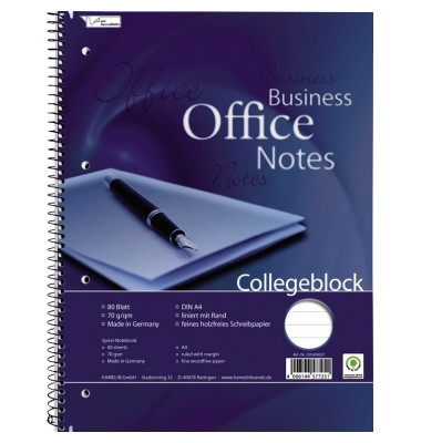 Collegeblock 111106701 Office, Lineatur 21 / liniert mit Rand innen, A4, 70g, blau, 80 Blatt