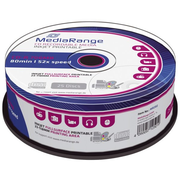 4260057125019 - Inkjet Fullsurface-Printable - 25 x CD-R - 700 MB (80 Min) 52x - mit Tintenstrahldrucker bedruckbare Oberfläche - Spindel