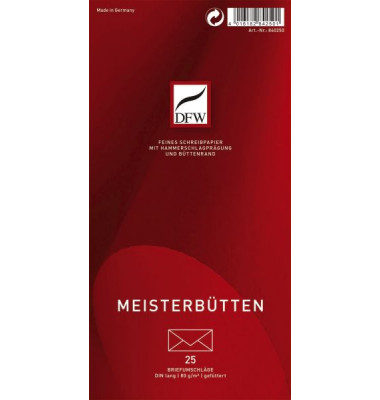 Briefumschlag Meisterbütten 840250, Din Lang, ohne Fenster, nassklebend, 80g, weiß