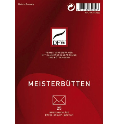 Briefumschlag Meisterbütten 840200, C6, ohne Fenster, nassklebend, 80g, weiß