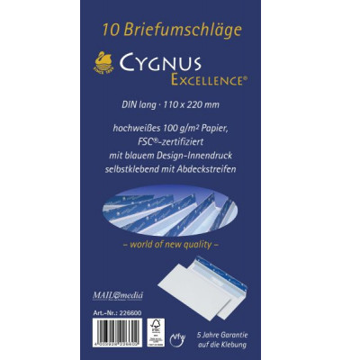 Briefumschlag Cygnus Excellence 30002390, Din Lang, ohne Fenster, haftklebend, 100g, weiß