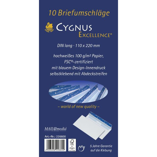 4003928226602 - Briefumschlag Cygnus Excellence 30002390 Din Lang ohne Fenster haftklebend 100g weiß 4003928226602 10 Stück