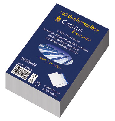 Briefumschlag Cygnus Excellence 30002366, C6, ohne Fenster, haftklebend, 100g, weiß