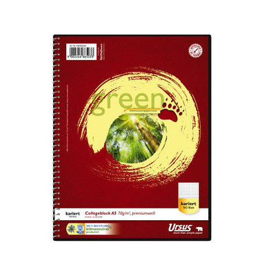 Collegeblock 608592020 Green, Baum, Lineatur 22 / liniert mit Rand innen, A5, 70g, rot, 160 Blatt