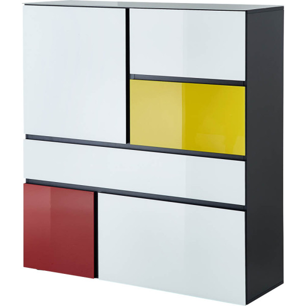 4005949371316 - Highboard Genua mit 3 Türen 1 Schublade und 1 Klappe Glasfront- und auflage B 1200 x T 400 x H 1300 mm schwarz weiß gelb rot