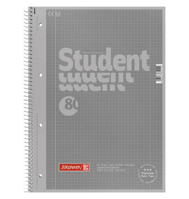 Collegeblock 10-67928192 Student, Lineatur 28 / kariert mit Rand innen/außen, A4, 90g, grau, 80 Blatt