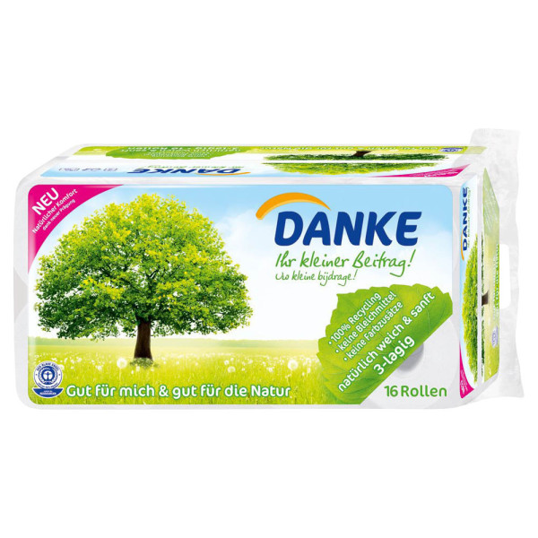 7322542052075 - Danke Toilettenpapier naturweiß 3-lagig Klopapier aus 100 % recyceltem Altpapier ohne Bleichmittel 1 Packung = 16 Rollen à 150 Blatt