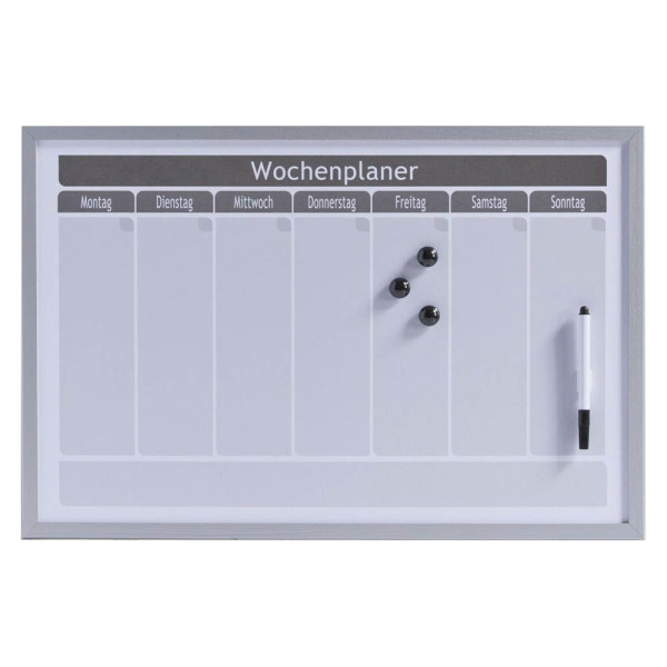 4003368115153 - Wochenplaner magnetisch 60 x 40 cm grau Praktisches Memobord beschreibbar und magnetisch Material Metall inkl 3 Magnete Marker & Befestigungsmaterial