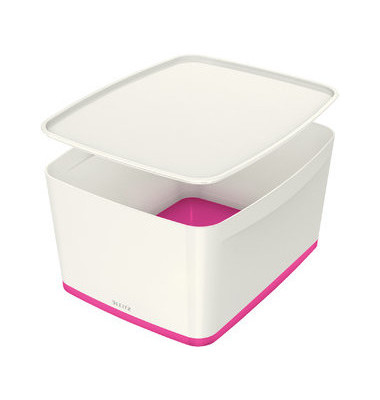 Aufbewahrungsbox MyBox 5216-10-23, 18 Liter mit Deckel, für A4, außen 385x318x198mm, Kunststoff weiß/pink