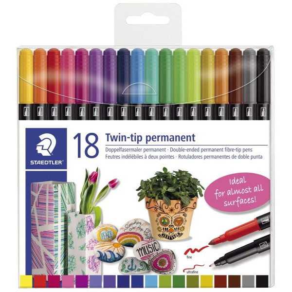 4007817042960 - STAEDTLER Doppel-Fasermaler Twin-tip 18er Kunststoff-Etui 2 Spitzen Strichstärke - 1 Stück (3187 TB18)